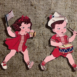 Tailles jusqu'à 16" style vintage garçon batteur ou fille avec drapeau Americana 4 juillet USA défilé décoration en papier cartonné découpé à la main, décorations de cupcakes