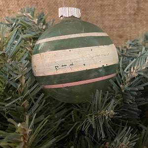 Vintage 2 1/4&quot;  UNSILVERED Transparent Green Colored Tint with Hand Painted Stripes Glass Christmas Ornament, 1940&#39;s WWII Wartime Era