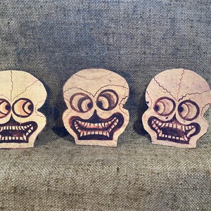 Sizes Up To 13" Choice of 3 Vintage Style Crazy Eyes Skeleton Skull Toothy Mouth Halloween Hand Cut Cardstock Decoration,Cupcake Toppers Too