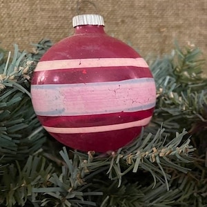Choose Vintage 2 1/4&quot; UNSILVERED Transparent Pink Colored with Hand Painted Stripes Glass Christmas Ornament, 1940&#39;s WWII Wartime Era