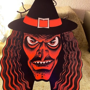 2 NOS estilo vintage auténtico Beistle 2 lados recortados cabeza de bruja enojada roja y negra troquelada de Halloween decoración de fiesta de cartón, ¡también enmarcable!