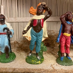 Choice 3 Vintage Composition Italian Black Shepherds Looking at the Sky Easter Christmas Nativity Creche Figurines Figures 4&quot; to 4 3/4&quot; Tall