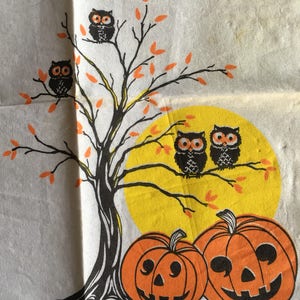 NOS Unused 5 Vintage Halloween White Crepe Paper Dessert Napkin,Owl,Moon,JOL Pumpkin Halloween Party Decoration For Framing,Repurposing image 2
