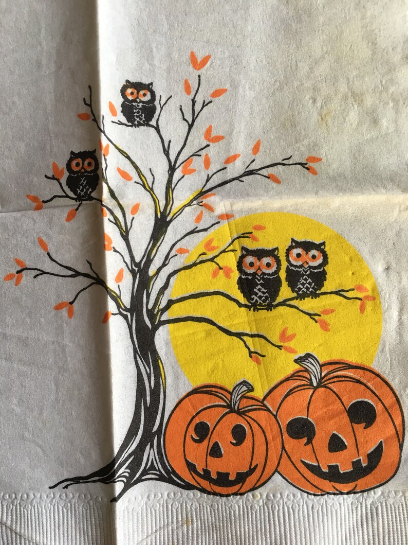 NOS Unused 5 Vintage Halloween White Crepe Paper Dessert Napkin,Owl,Moon,JOL Pumpkin Halloween Party Decoration For Framing,Repurposing image 2