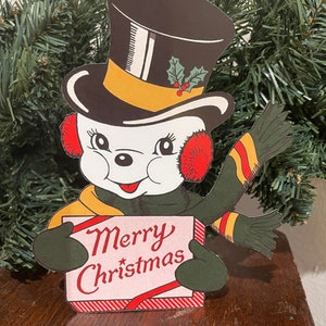 Sizes Up To 14&quot; Vintage Style Snowman with Merry Christmas Gift Hand Cut Cardstock Christmas Party Decoration, Cupcake Toppers Too