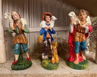 Choice of 3 Vintage Composition Italian Shepherds with Sheep Lamb Easter Christmas Nativity Creche Figurines, Figures, Italy  Each 5" Tall