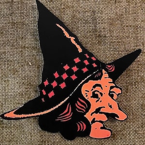 Sizes Up To 12" Vintage Style Art Deco Witch Face, Checkered Hat Band Halloween Hand Cut Cardstock Decoration, Cupcake Topers Available