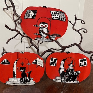 Choice of 3, Sizes Up To 14&quot; Vintage Style Pumpkin Haunted House  Cat, Witch or Owl Halloween Hand Cut Cardstock Decoration, Cupcake Toppers