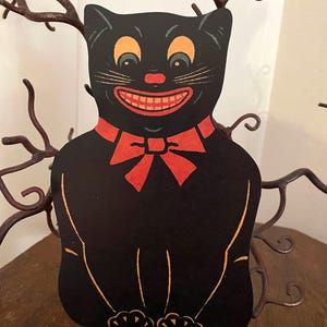 Sizes Up To 16" Vintage Style Black Cheshire Cat with Red Bow Halloween Hand Cut Cardstock Decoration,Framing, Cupcake Toppers Too