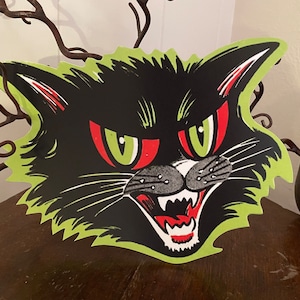 Sizes Up To 14" Vintage Style Growling Cat Face,Red and Green Eyes Halloween Hand Cut Cardstock Decoration,Framing Etc, Cupcake Toppers Too