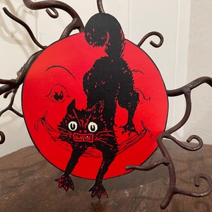 Tailles jusqu'à 12 po. Style vintage des années 1920, chat et homme terrifiés dans la lune, Halloween, décoration en papier cartonné découpé à la main, travaux manuels, encadrement, décorations de cupcakes