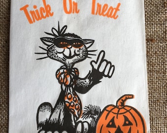 NOS Unused Authentic 1950's Vintage XL Litho Print Paper Halloween Candy,Treat Bag-Groovy Cool Beatnik Cat in Mask,Tie Halloween Party Favor