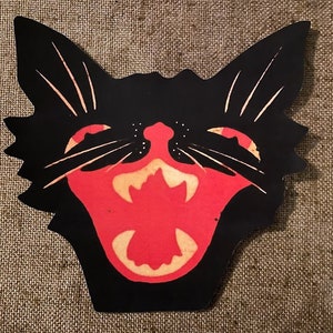 Sizes Up To 12" Vintage Style Red Black Cat Face with Freckles Fangs Halloween Hand Cut Cardstock Decoration,Framing Etc,Cupcake Toppers Too