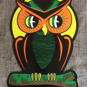 NOS Vintage Style Beistle 2 Sided Cutout Big Eyed Owl In Front of Moon Halloween Die Cut Cardboard Decoration