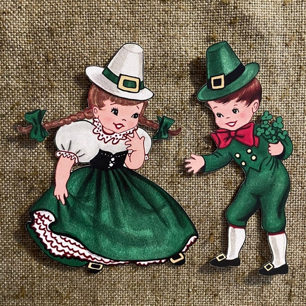 Sizes Up To 17" Vintage 1940s Style Girl White Hat or Boy Green Hat Shamrock St. Patrick's Day Hand Cut Cardstock Decoration,Cupcake Toppers