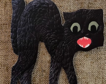 Maten tot 12" Vintage stijl zwarte kat staande gebogen rug groene ogen, Fangs Halloween handgekapte Cardstock decoratie, ambachten, Cupcake Toppers