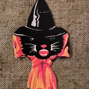 Sizes Up To 17" Vintage 1900s Style Cat in Witch Hat, Halloween Hand Cut Cardstock Decoration,Framing, Wall Decor, Cupcake Toppers Available