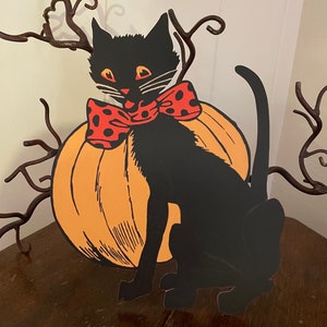 Tailles jusqu'à 40,4 cm de style vintage avec un noeud de chat noir et de point rouge devant la décoration de papier cartonné Halloween Halloween citrouille découpée à la main, décorations de cupcakes