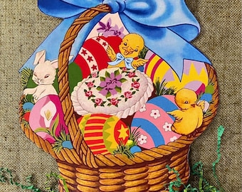 Sizes Up to 12&quot; Vintage Style Easter Chicks and Colored Eggs in Basket Hand Cut Cardstock Decoration,Crafting, Party Supply, Cupcake Toppers