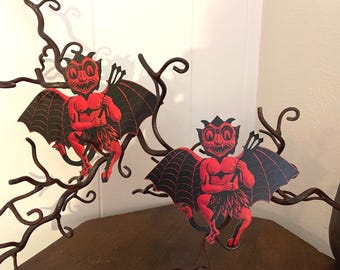 Sizes Up To 14&quot; Vintage Style Art Deco Flying Devil with Bat Wings,Pitchfork Halloween Hand Cut Cardstock Decoration,Cupcake Toppers,Style A
