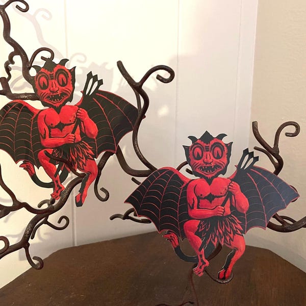 Tamaños de hasta 14 "Demonio volador estilo art déco vintage con alas de murciélago, decoración de cartulina cortada a mano con forma de horca para Halloween, adornos para cupcakes, estilo A