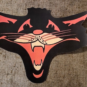 Tamaños de hasta 13 &quot;Estilo vintage Cara de gato negro rojo con boca ancha grande Decoración de cartulina cortada a mano de Halloween, marco, etc., adornos para cupcakes también