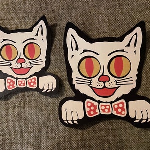 Sizes Up To 11" Vintage Style White Cat with Red Polka Dot Bowtie Halloween Hand Cut Cardstock Decoration,Cupcake Toppers ,No Bowtie Too