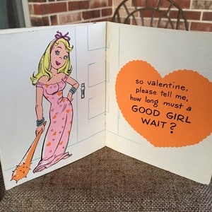 NOS 1950's Vintage Barker Cards Valentine 4 Page Book Card, "¿Cuánto tiempo debe esperar una buena chica?"