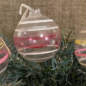 Choose Vintage 2 1/4&quot;  UNSILVERED Transparent Glass Christmas Ornament,1940&#39;s WWII Wartime Era,Original Foiled Paper Hanger/Cap,Pink & Clear