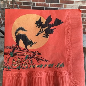 NOS Unused Vintage 1940's Beach Halloween Crepe Paper Napkin,Black Scratch Cat,Witch,JOL Halloween Party Decoration For Framing, Repurposing image 8