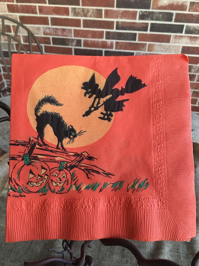 NOS Unused Vintage 1940's Beach Halloween Crepe Paper Napkin,Black Scratch Cat,Witch,JOL Halloween Party Decoration For Framing, Repurposing image 8