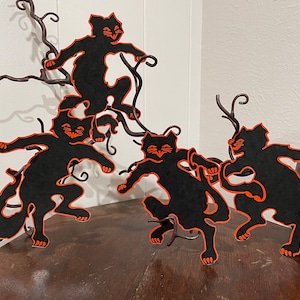Choisissez parmi 4 poses de style vintage, noir orange, chats debout, Halloween, papier cartonné découpé à la main, décoration, décorations de cupcakes