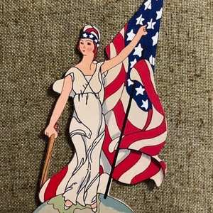 Tailles jusqu'à 16" style vintage Art déco Lady Liberty Americana 4 juillet drapeau patriotique des Etats-Unis décoration papier cartonné découpé à la main, décorations de cupcakes