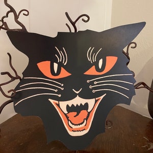 Sizes Up To 13" Vintage Style Angry Black Cat Face,Yellow Eyes,Fangs Halloween Hand Cut Cardstock Decoration,Framing Etc,Cupcake Toppers Too