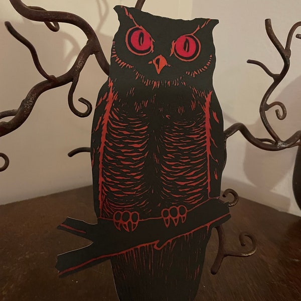 Sizes Up To 16" Vintage Style Black Brown Owl on Branch,Big Eyes Halloween Hand Cut Cardstock Decoration,Crafting Framing,Cupcake Toppers