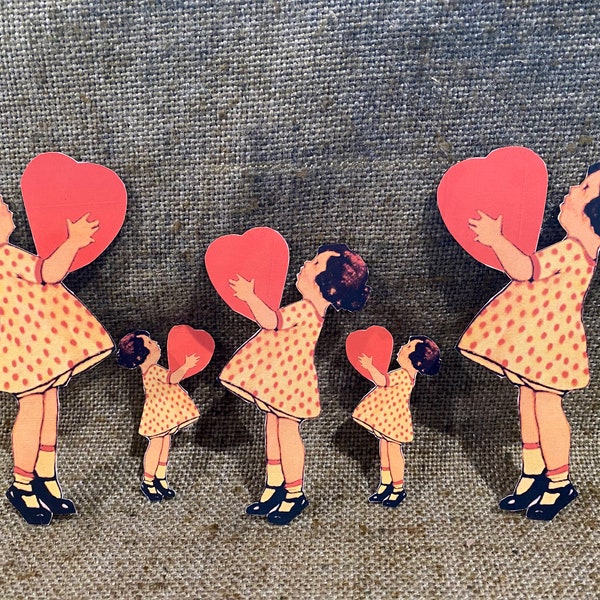 Sizes Up To 17"  Circa 1900s Vintage Style Repro Girl in Polka Dot Dress Valentine's Day Hand Cut Cardstock Decoration, Cupcake Toppers