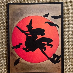 Sizes Up To 14&quot; Vintage Style Artist Created Witch Cat Flying on Broom,Moon,Bats Halloween Scene Hand Cut Cardstock Decoration,Invitation