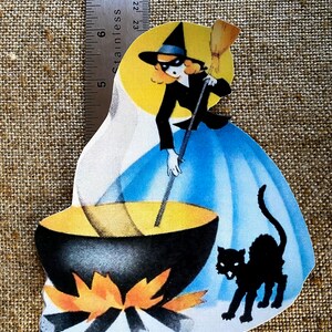 Sizes Up To 13" Vintage Style Art Deco Girl Witch in Mask Stirring Cauldron, Halloween Hand Cut Cardstock Decoration,Cupcake Toppers