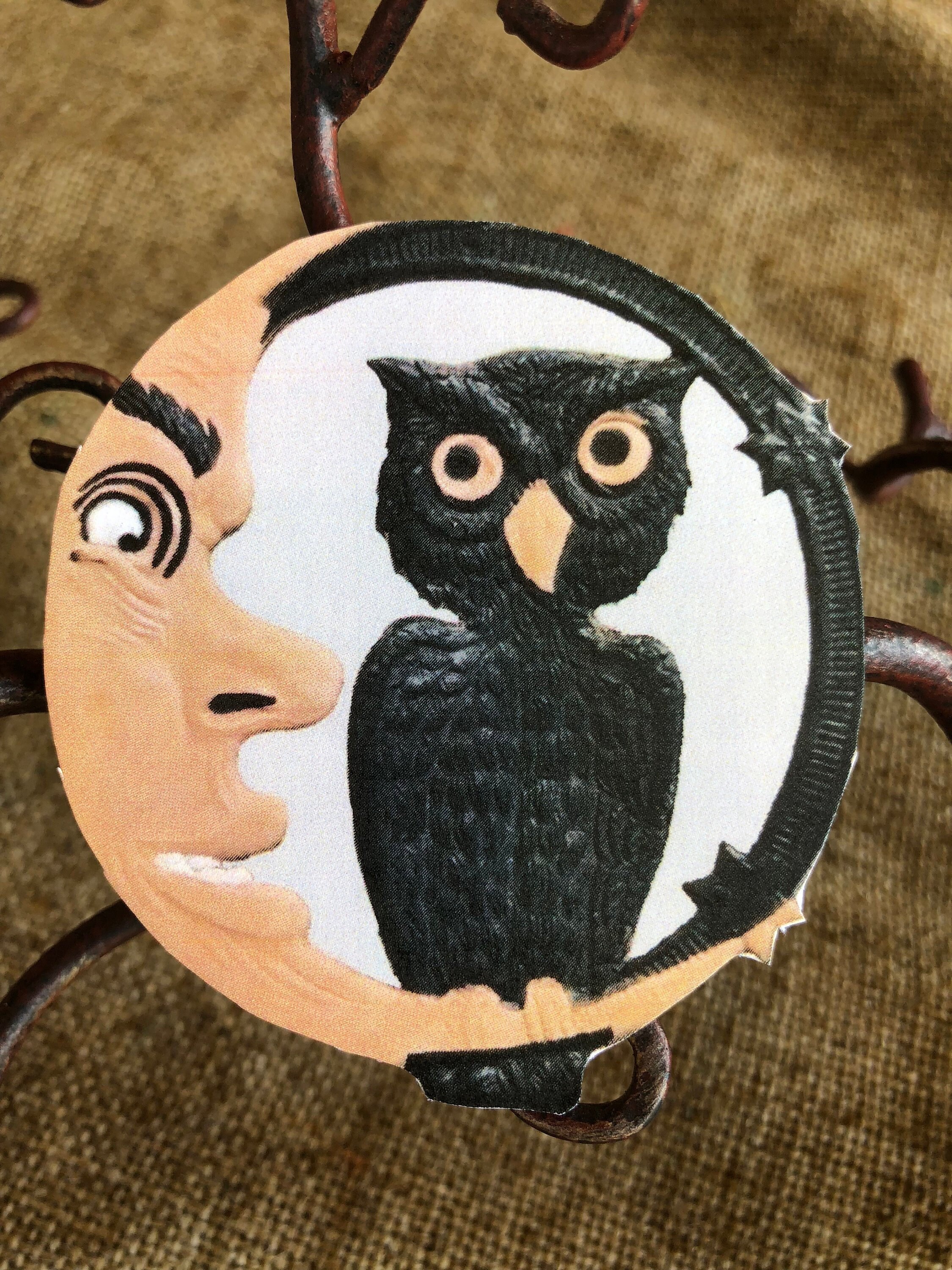 Sizes Up To 10" Vintage Style Repro Owl Sits on Man in Moon,Halloween Hand Cut Cardstock Decoration for Framing, Invitations,Cupcake Toppers