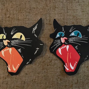 Tailles jusqu'à 30 cm (30 cm) au choix : tête de chat noir de style vintage, yeux jaunes ou bleus, décoration Halloween en papier cartonné découpé à la main, grands crocs, décorations de cupcakes