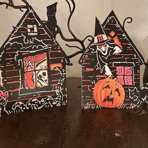 Sizes Up To 14" Vintage Style Haunted Houses,Witch or Skeleton Ghost Halloween Hand Cut Cardstock Decoration, Invitation, Cupcake Toppers