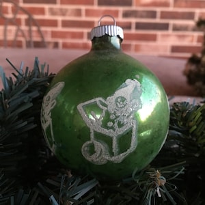 Factory Double Stenciled OOPS Vintage 2 1/2&quot; Shiny Brite Stencil Green Jack in Box Toy Child,Baby, Nursery Mercury Glass Christmas Ornament