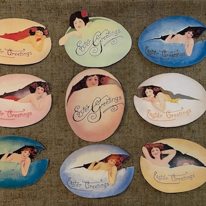 Sizes Up To 15" Choice of 9 Vintage Style 1900's Girls in Easter Eggs Easter Hand Cut Cardstock Decoration, for Framing, Cupcake Toppers