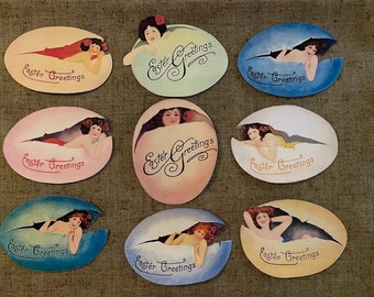 Sizes Up To 15&quot; Choice of 9 Vintage Style 1900&#39;s Girls in Easter Eggs Easter Hand Cut Cardstock Decoration, for Framing, Cupcake Toppers