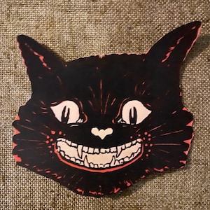 Sizes Up To 11" 1920s Vintage Style Red Black Cat Face, Grinning Toothy Mouth Halloween Hand Cut Cardstock Decoration, Cupcake Toppers Too