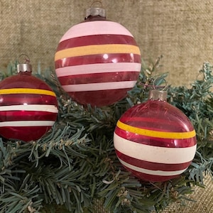Choose Vintage 2&quot; and 2 1/2&quot; UNSILVERED Transparent Red Colored with Hand Painted Stripes Glass Christmas Ornament, 1940&#39;s WWII Wartime Era
