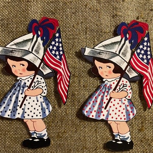 Tailles jusqu'à 40,4 cm style vintage, chapeau en papier pour fille, robe à pois, Americana USA, défilé patriotique du 4 juillet, décoration en papier cartonné découpé à la main, décoration de petit gâteau