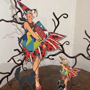 Sizes Up To 17" Vintage Style Deco Lady Holds Book of Fate,Cat Halloween Hand Cut Cardstock Decoration for Crafts Etc ,Cupcake Toppers