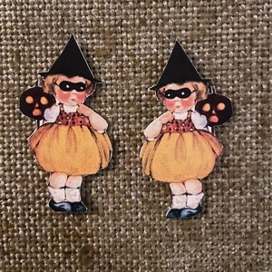 Sizes Up To 17" Vintage 1900s Style Girl in Witch Hat Wearing Halloween Mask Hand Cut Cardstock Decoration, Cupcake Toppers Available