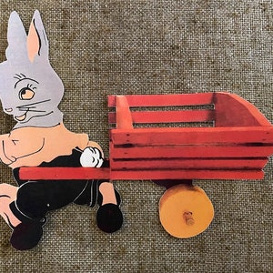 Maten tot 14" Vintage stijl Paaskonijn in pak trekt rode karwagen Handgekapte Cardstock Decoratiekaart, Spleet voor eieren enz., Cupcake Topper